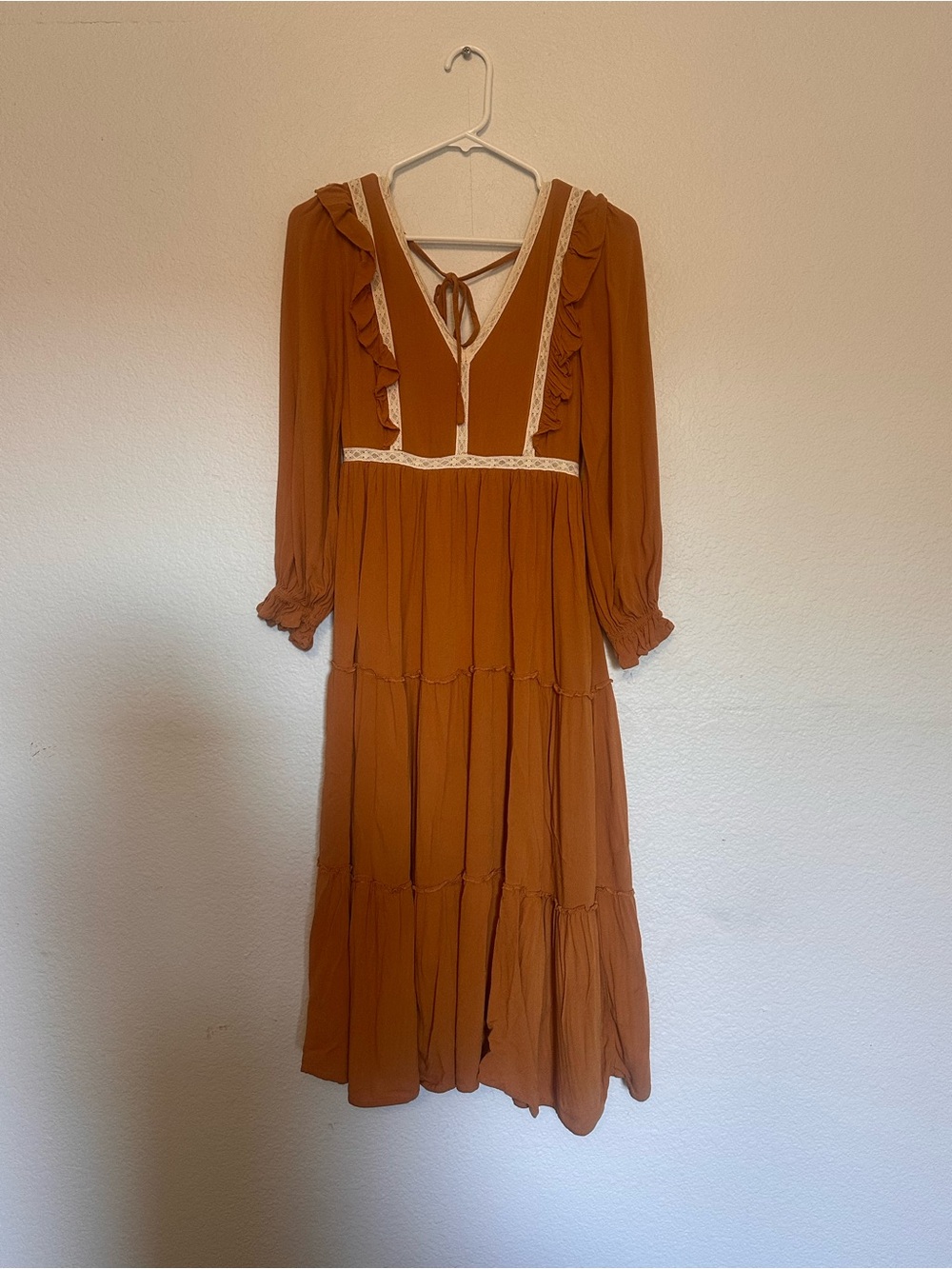 In Loom Witchy Bohemian Ochre Long Sleeve Tiered Midi Dress with Lace Trim